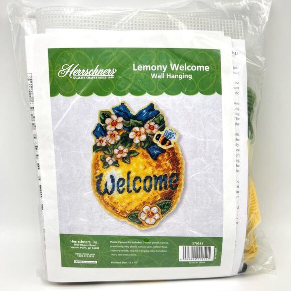 Herrschners Plastic Canvas Craft Kit Lemony Welcome Sign 12x18 Lemon Bee Summer - Picture 1 of 7